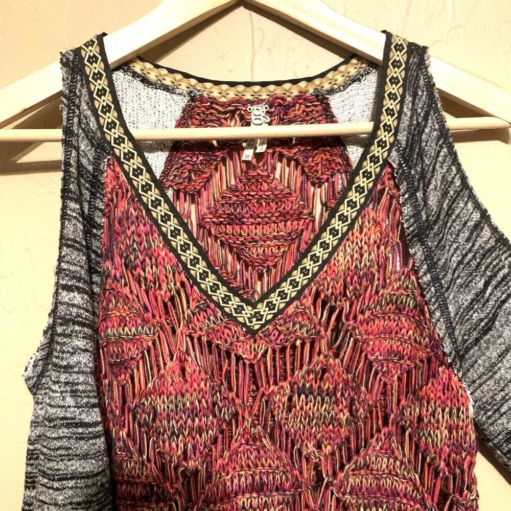 BKE Cold Shoulder Sweater Open Weave Tunic Top Buckle Multicolor Sz M Boho Hippy